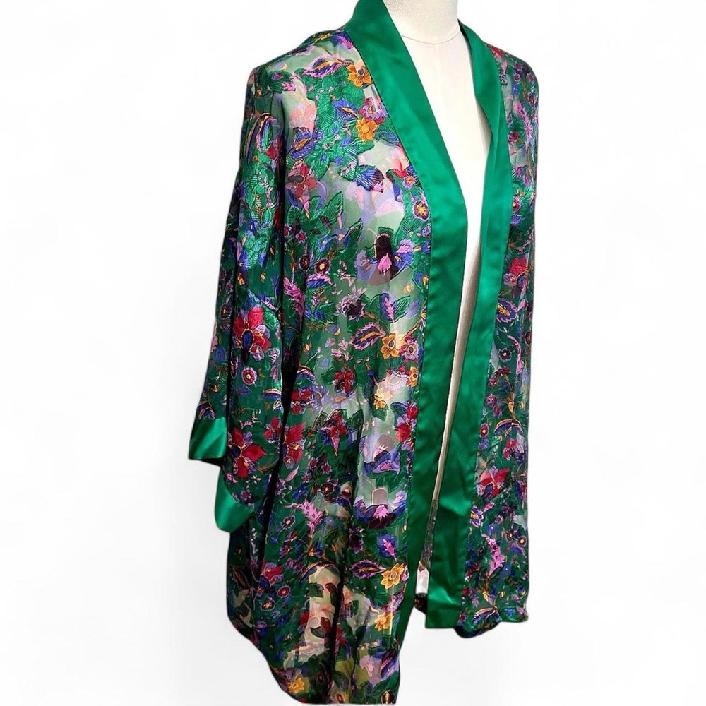 Victoria’s Secret gold label green floral sheer robe lingerie satin trim y2k